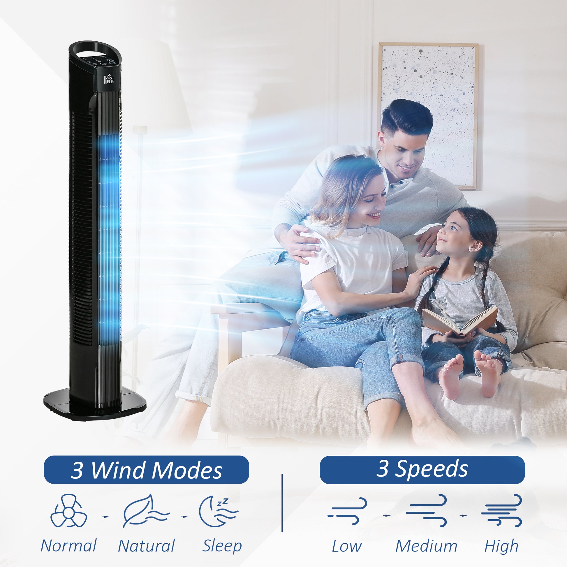 HOMCOM Freestanding Tower Fan, 3 Speed 3 Mode, 7.5h Timer, 70 Degree Oscillation, LED Panel, 5M Remote Controller, Black