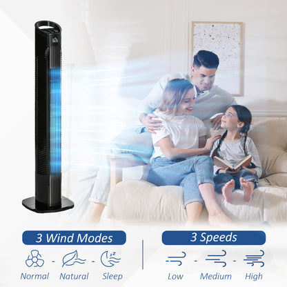 HOMCOM Freestanding Tower Fan, 3 Speed 3 Mode, 7.5h Timer, 70 Degree Oscillation, LED Panel, 5M Remote Controller, Black