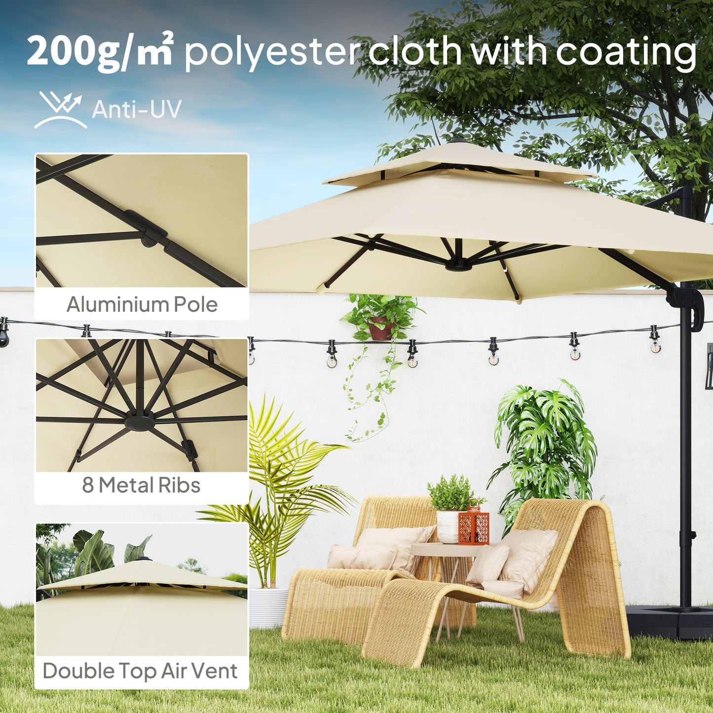 Outsunny 2.7 x 2.7(m) Cantilever Parasol with Aluminium Frame, Crank and Tilt, 360-Degree Rotation, Double Top Garden Umbrella with Base and Cover, Khaki