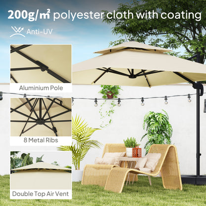 Outsunny 2.7 x 2.7(m) Cantilever Parasol with Aluminium Frame, Crank and Tilt, 360-Degree Rotation, Double Top Garden Umbrella with Base and Cover, Khaki