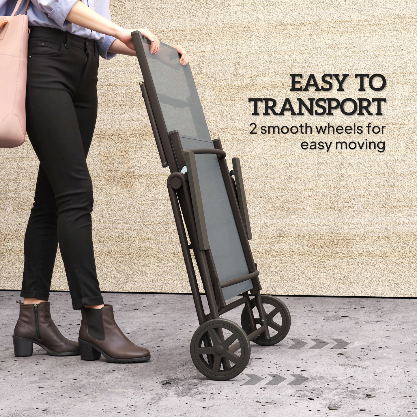 Outsunny Folding Sun Lounger with Wheels, 5-Position Adjustable Garden Chaise Lounge Sunbed with Armrests, Metal Frame Outdoor Portable Reclining Chair for Beach, Porch, Grey