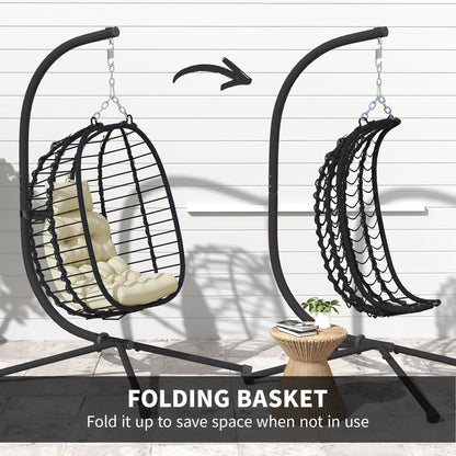 Outsunny Rattan Hanging Egg Chair, Foldable Wicker Hammock Swing Chair with Cushion, Stand, Adjustable Height, Head Pillow, Steel Frame for Garden Patio Indoor Outdoor, Cream White