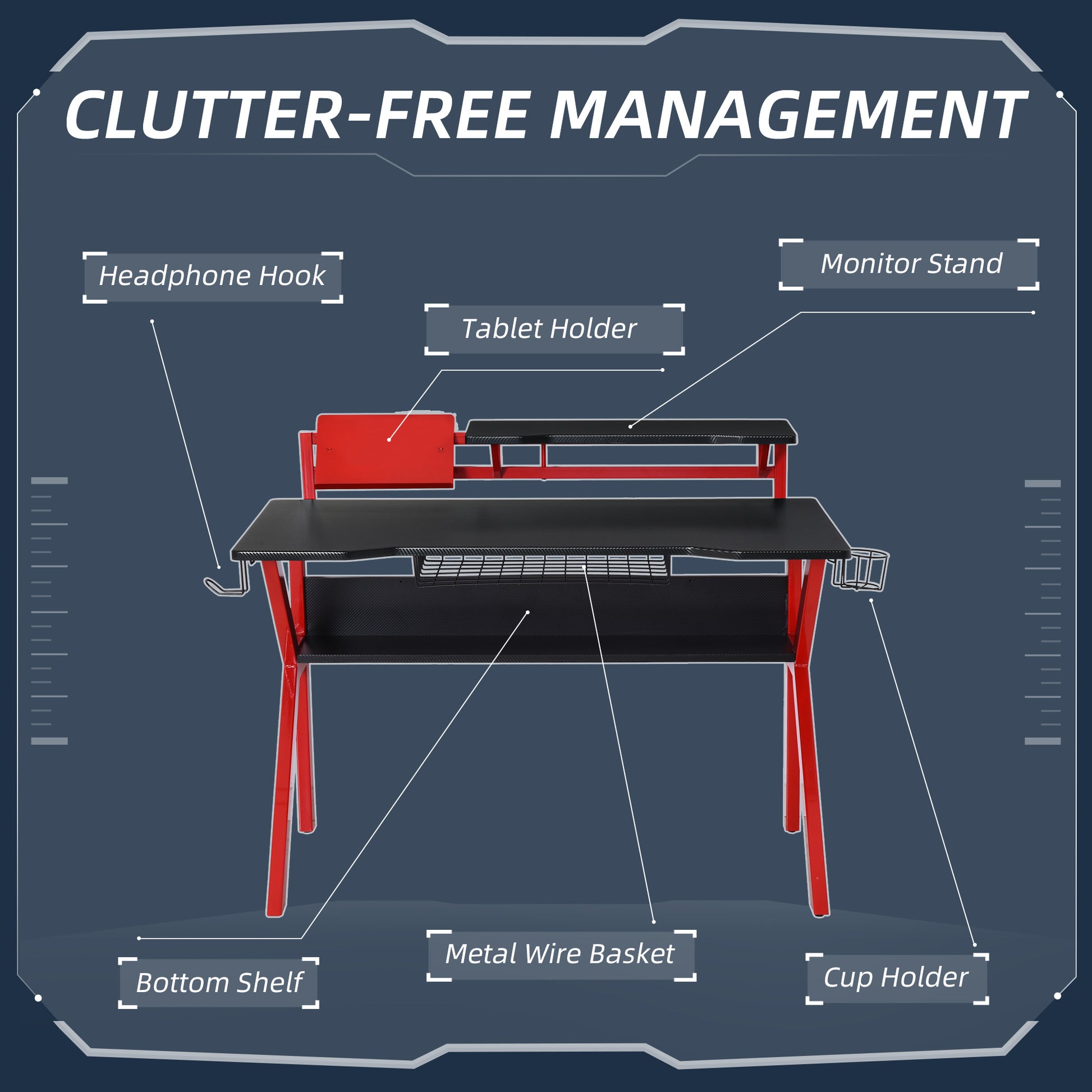 HOMCOM Gaming Desk Computer Table Stable Metal Frame Adjustable Feet w/ Cup Holder Headphone Hook, Cable Basket - Red
