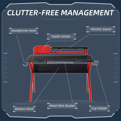 HOMCOM Gaming Desk Computer Table Stable Metal Frame Adjustable Feet w/ Cup Holder Headphone Hook, Cable Basket - Red