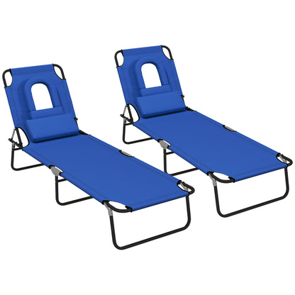 Outsunny Outdoor Folding Sun Lounger Set of 2 with Face Hole, 4 Level Adjustable Backrest Reclining Garden Lounger, Garden Recliner Sunbed with 600 D Oxford Cloth Seat and Pillow for Beach, Blue