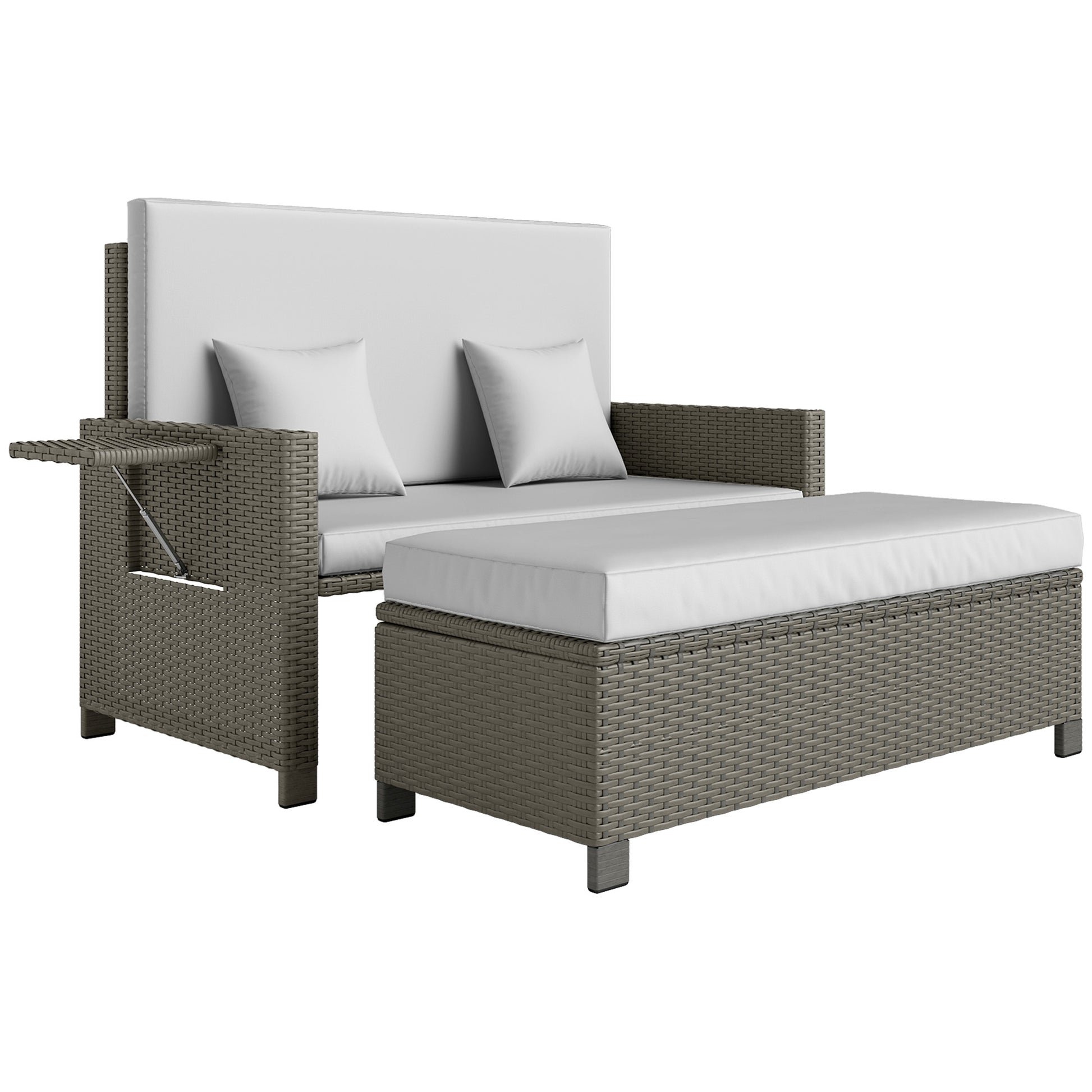 Outsunny Rattan Day Bed, with Footstool - Light Grey
