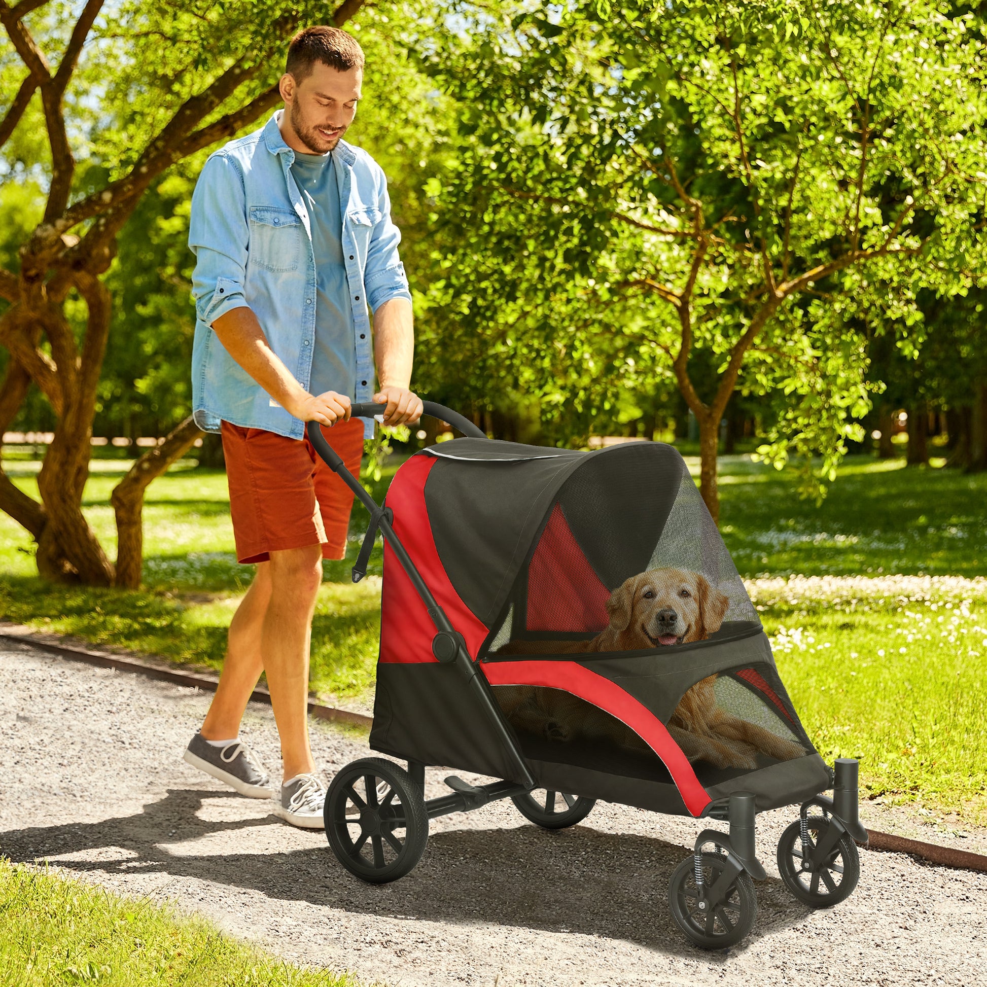 PawHut Foldable Pet Stroller for Large Dogs with Four Big Wheels, Shock-Absorbing Frame, Safety Leashes, Brakes, Red/Black