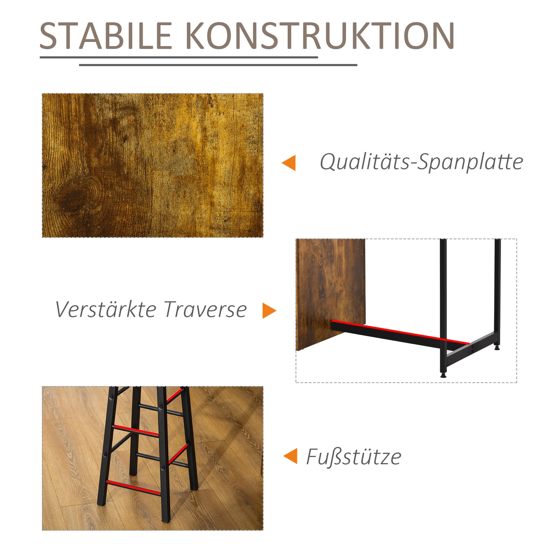 HOMCOM 3 Piece Industrial Style Bar Table Set, Pub Dining Table Set Height Table and 2 Stools with Storage Shelf, Rustic Brown