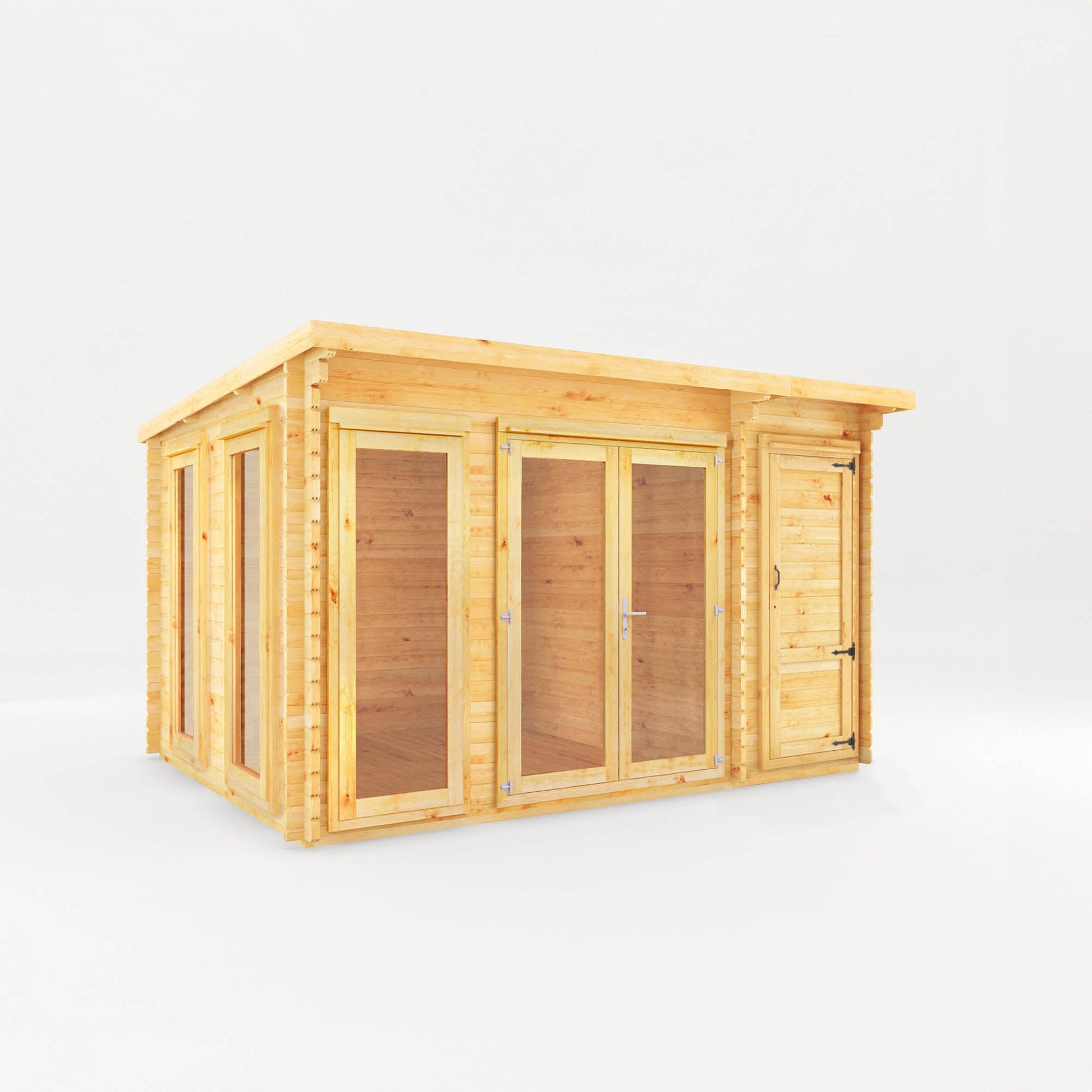 4.1M X 3M Studio Pent Log Cabin With Side Shed - 44Mm