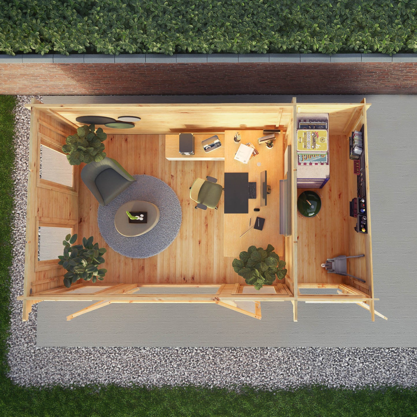 5.1M X 3M Studio Pent Log Cabin With Side Shed - 44Mm