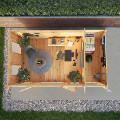 5.1M X 3M Studio Pent Log Cabin With Side Shed - 44Mm