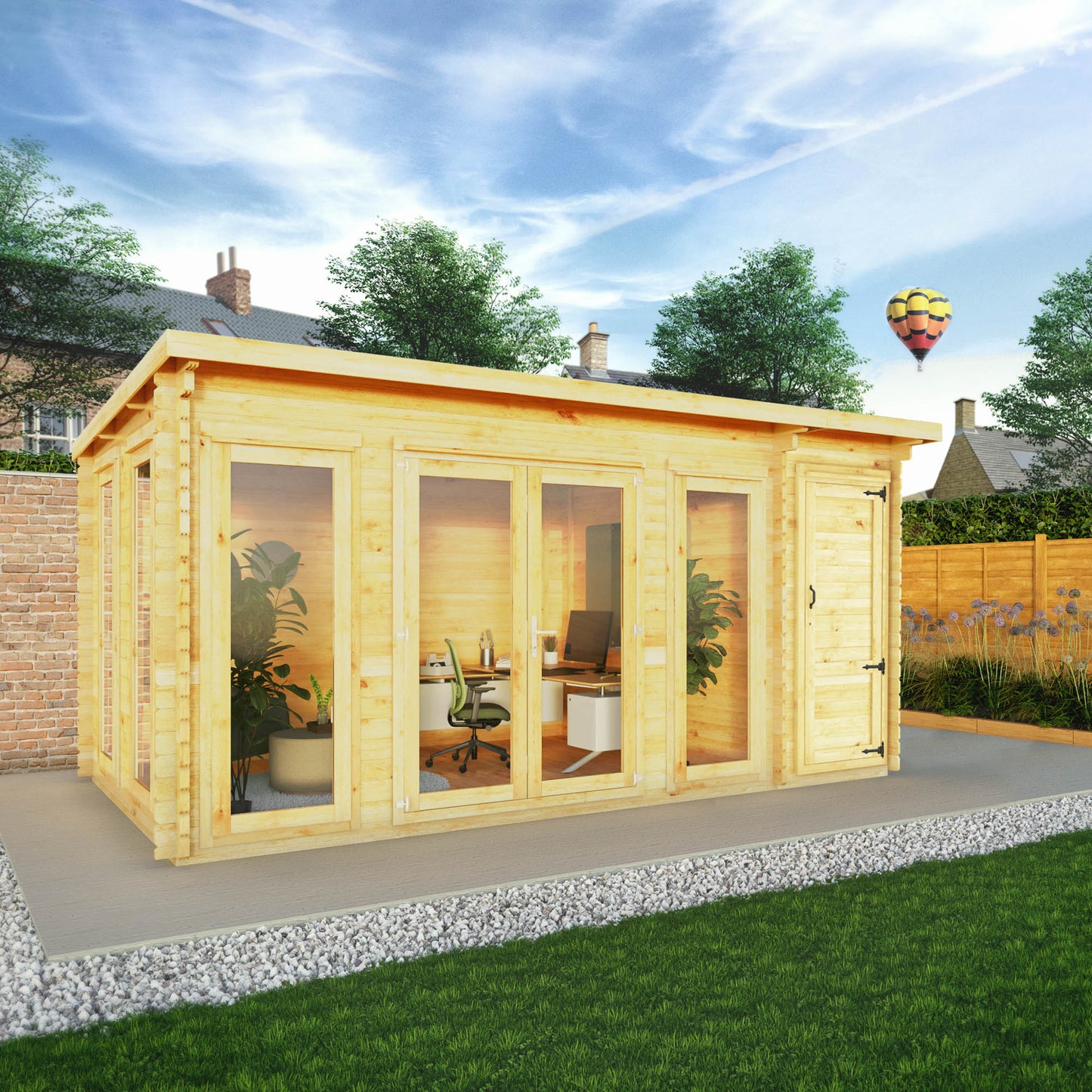 5.1M X 3M Studio Pent Log Cabin With Side Shed - 44Mm