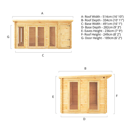 5.1M X 3M Studio Pent Log Cabin With Side Shed - 44Mm