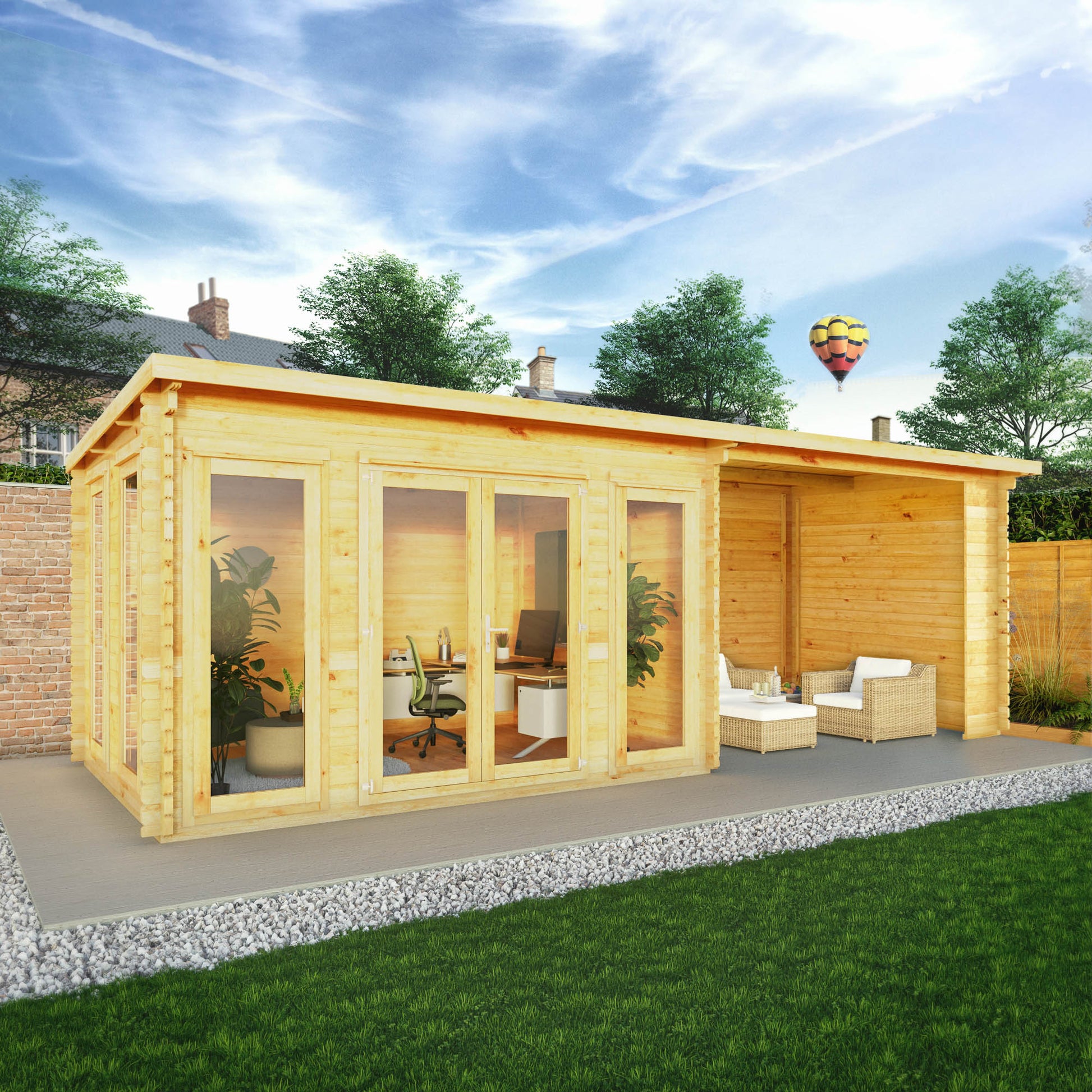 7M X 3M Studio Pent Log Cabin With Patio Area - 44Mm