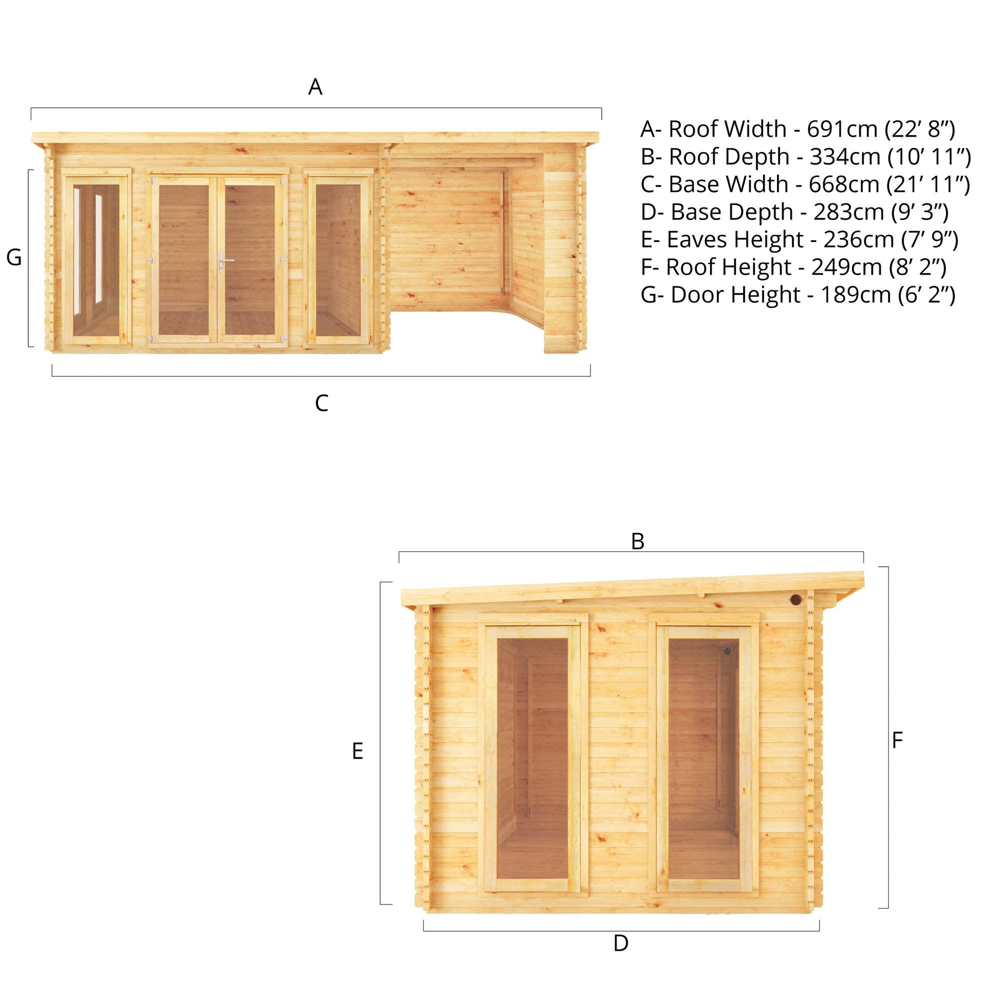 7M X 3M Studio Pent Log Cabin With Patio Area - 44Mm