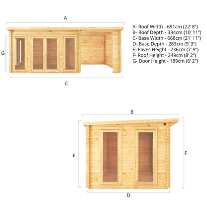 7M X 3M Studio Pent Log Cabin With Patio Area - 44Mm