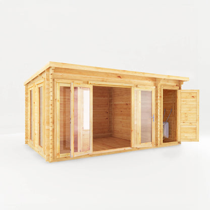 5.1M X 3M Studio Pent Log Cabin With Side Shed - 44Mm