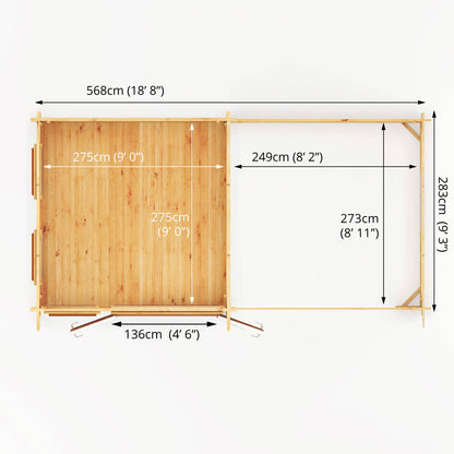 6M X 3M Studio Pent Log Cabin With Patio Area - 44Mm (Upvc Windows & Door) - Oak