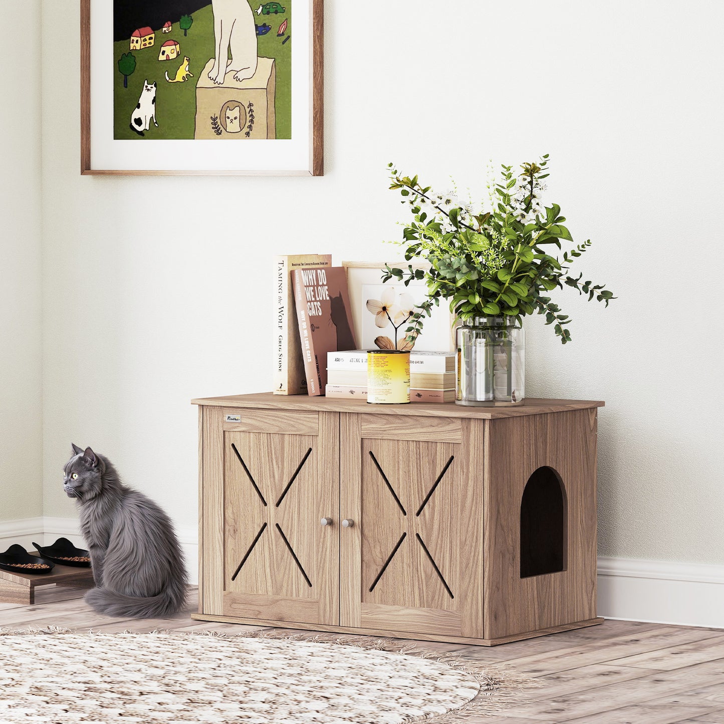 PawHut Cat Litter Box Enclosure with Double Doors and Side Entrance, Non-Slip Pads for Living Room, Walnut Brown