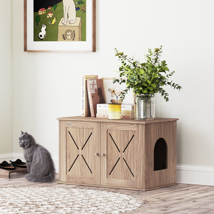PawHut Cat Litter Box Enclosure with Double Doors and Side Entrance, Non-Slip Pads for Living Room, Walnut Brown