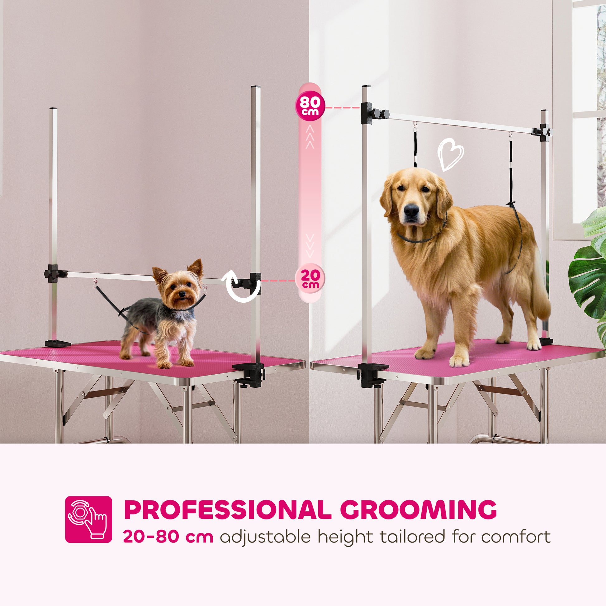 PawHut 42" Dog Grooming Table, Adjustable Pet Cat Drying Beauty Table with 2 Loops Storage Basket, Rubber Top, Pink