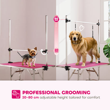 PawHut 42" Dog Grooming Table, Adjustable Pet Cat Drying Beauty Table with 2 Loops Storage Basket, Rubber Top, Pink