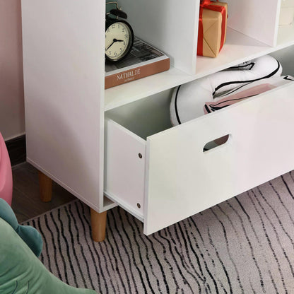 HOMCOM Kids Bookshelf Chest w/ Drawer Cubes Baby Toy Wood Organizer Display Stand Storage Cabinet 82x30x126cm White