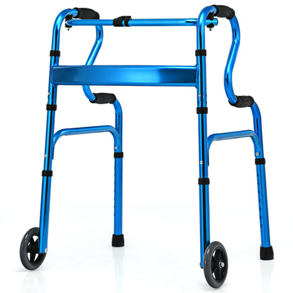 Folding Aluminum Walker Frame with Adjustable Heights and Wheels-Blue