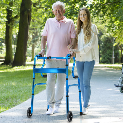 Folding Aluminum Walker Frame with Adjustable Heights and Wheels-Blue
