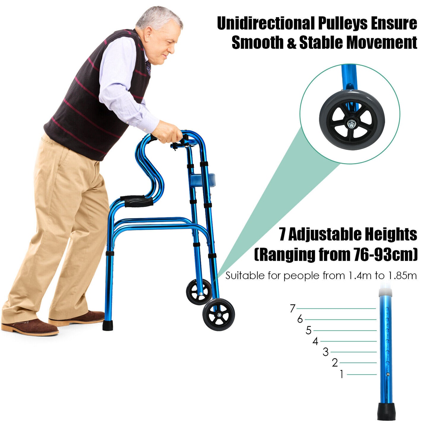 Folding Aluminum Walker Frame with Adjustable Heights and Wheels-Blue