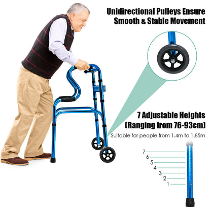 Folding Aluminum Walker Frame with Adjustable Heights and Wheels-Blue