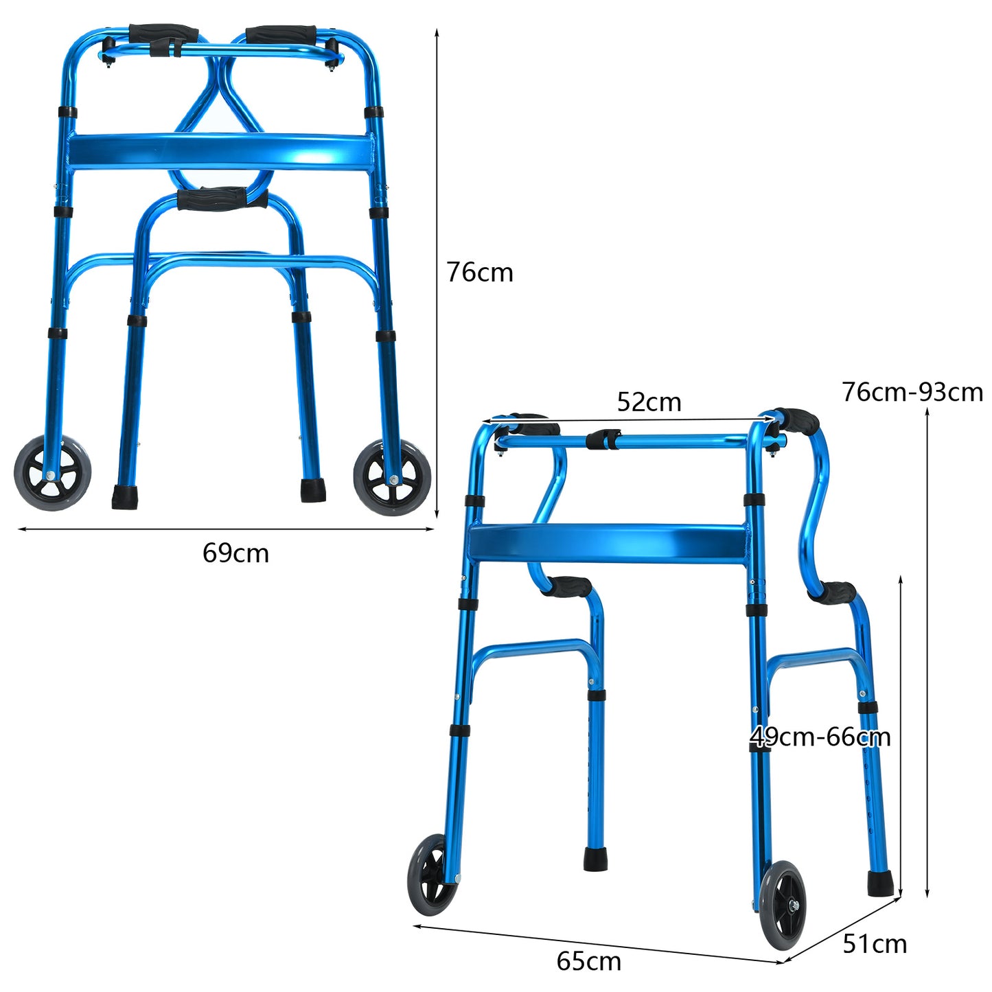 Folding Aluminum Walker Frame with Adjustable Heights and Wheels-Blue