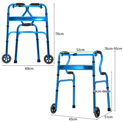Folding Aluminum Walker Frame with Adjustable Heights and Wheels-Blue