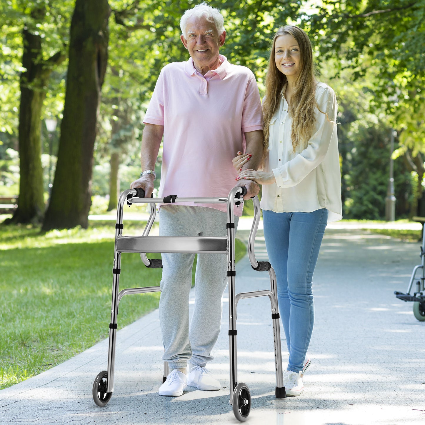 Folding Aluminum Walker Frame with Adjustable Heights and Wheels-Grey