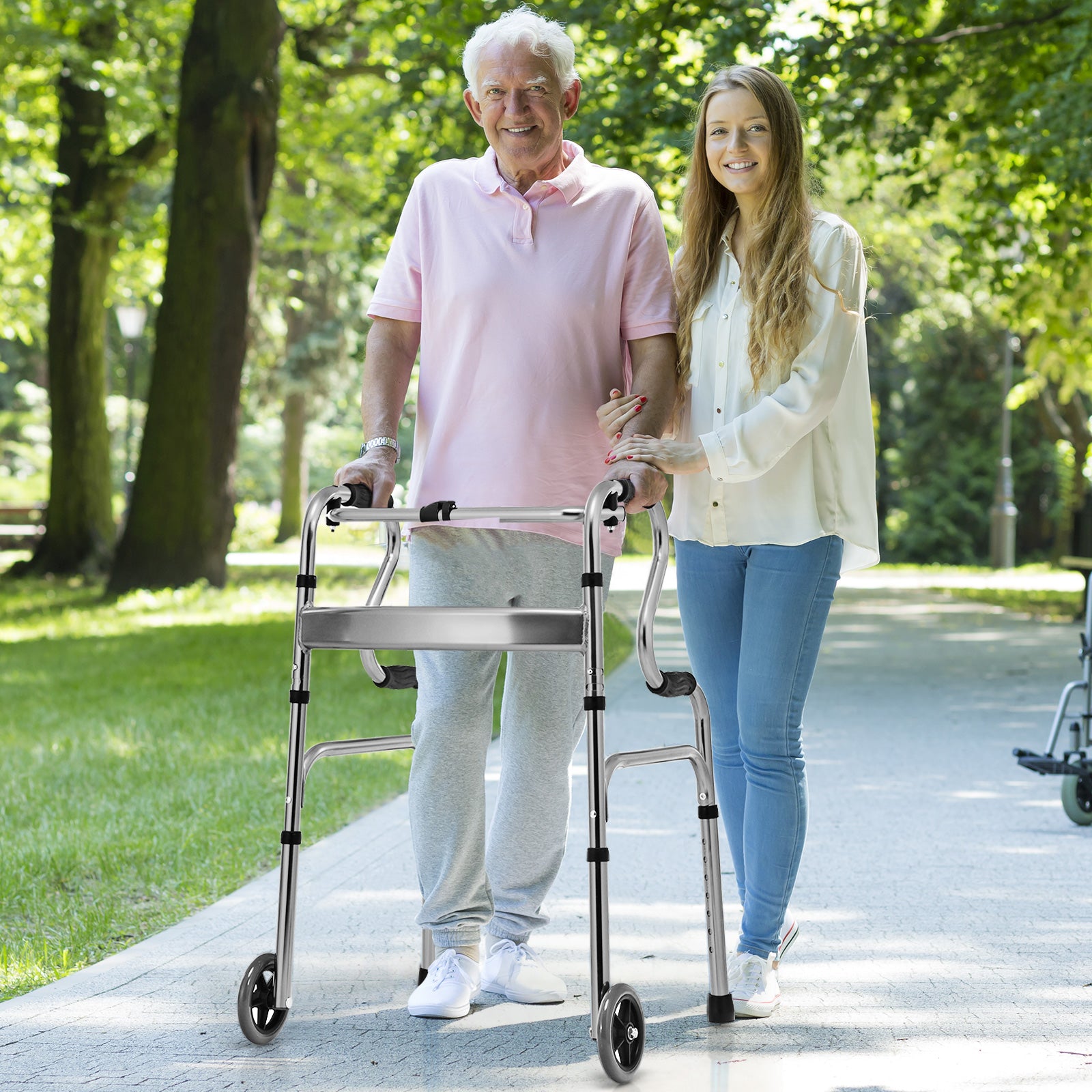 Folding Aluminum Walker Frame with Adjustable Heights and Wheels-Grey