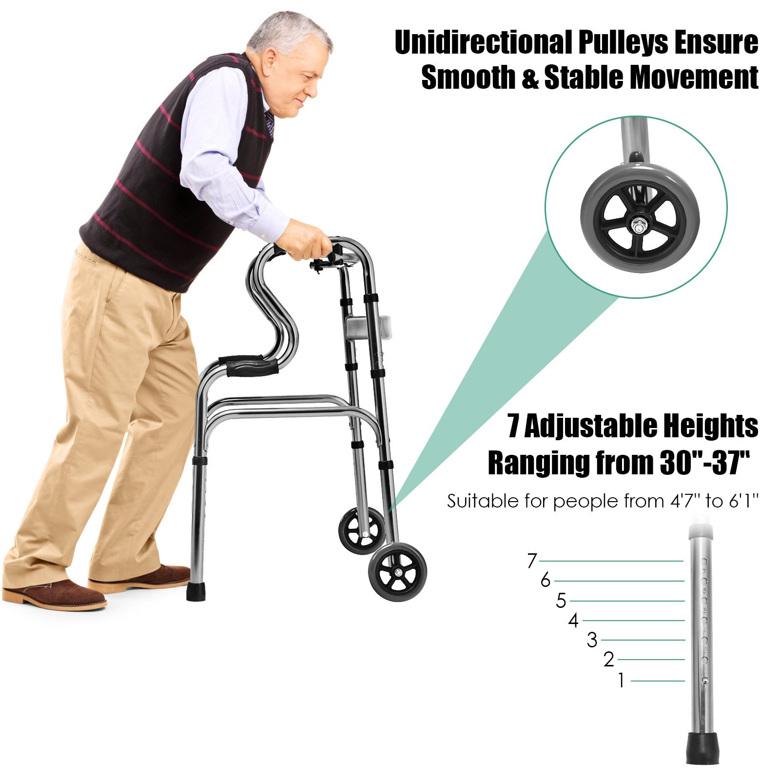 Folding Aluminum Walker Frame with Adjustable Heights and Wheels-Grey