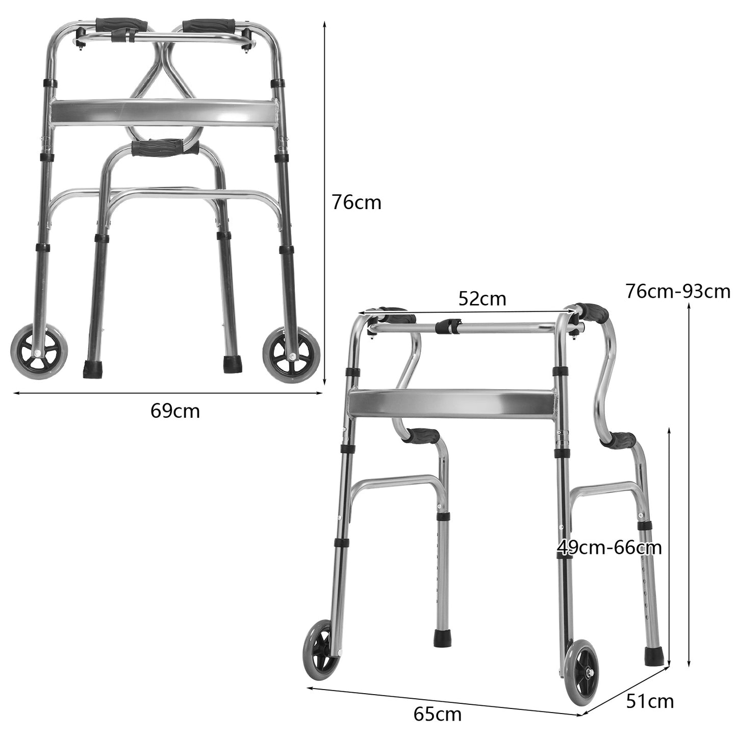 Folding Aluminum Walker Frame with Adjustable Heights and Wheels-Grey