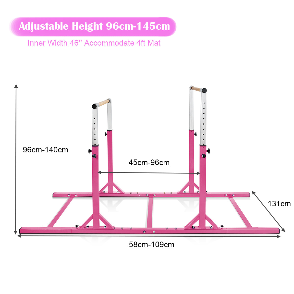 Kids Parallel Gymnastics Bar with Adjustable Width and 11-Level Heights-Pink