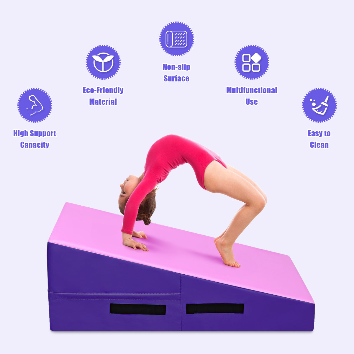 Incline Gymnastics Mat with Carrying Handles for Home Gym Aerobic-Pink &amp; Purple