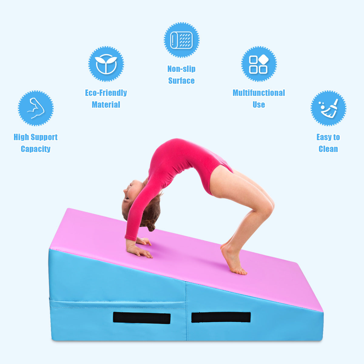 Incline Gymnastics Mat with Carrying Handles for Home Gym Aerobic-Pink &amp; Blue