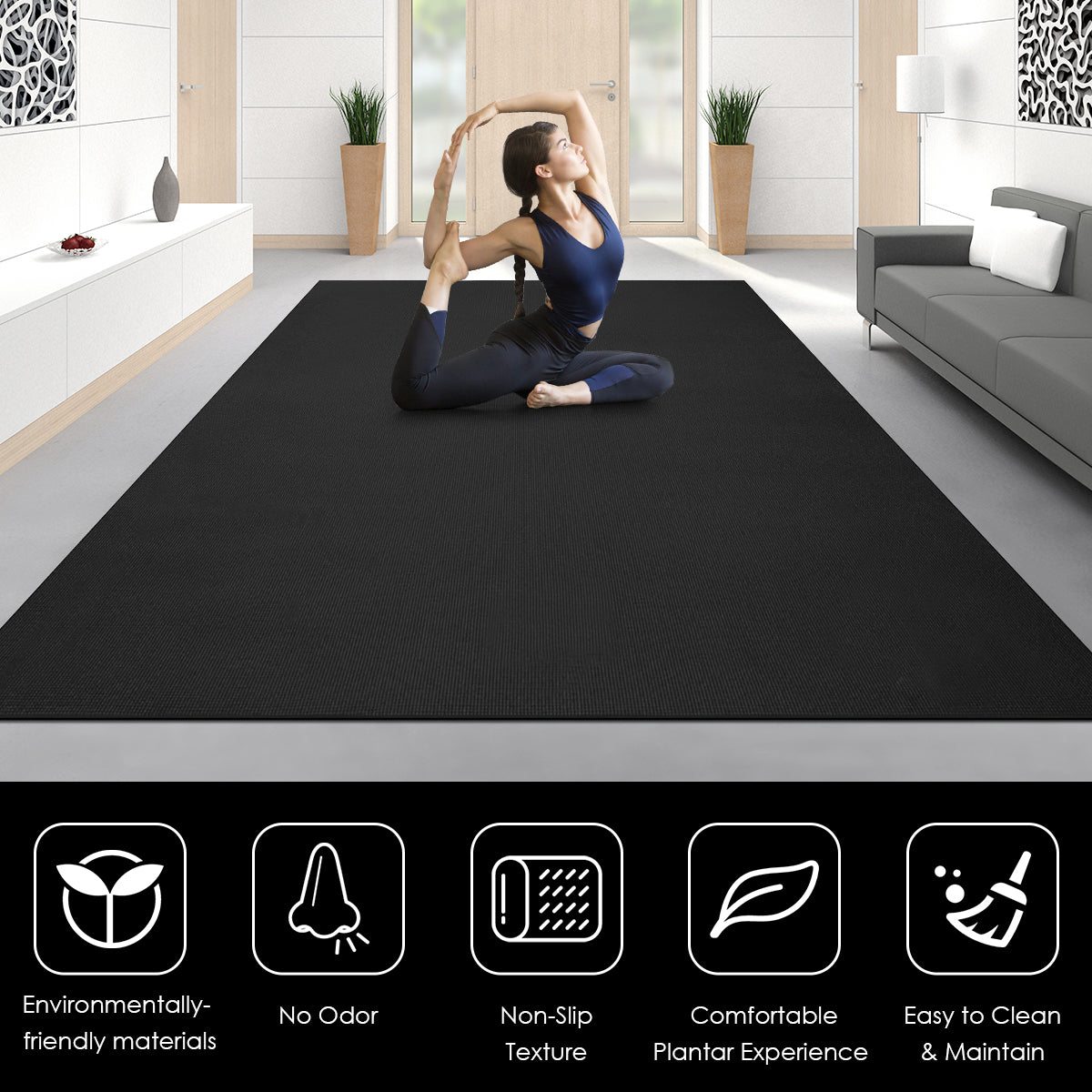 182 cm Thick Exercise Yoga Mat with Double-Sided Non-Slip Design-Black