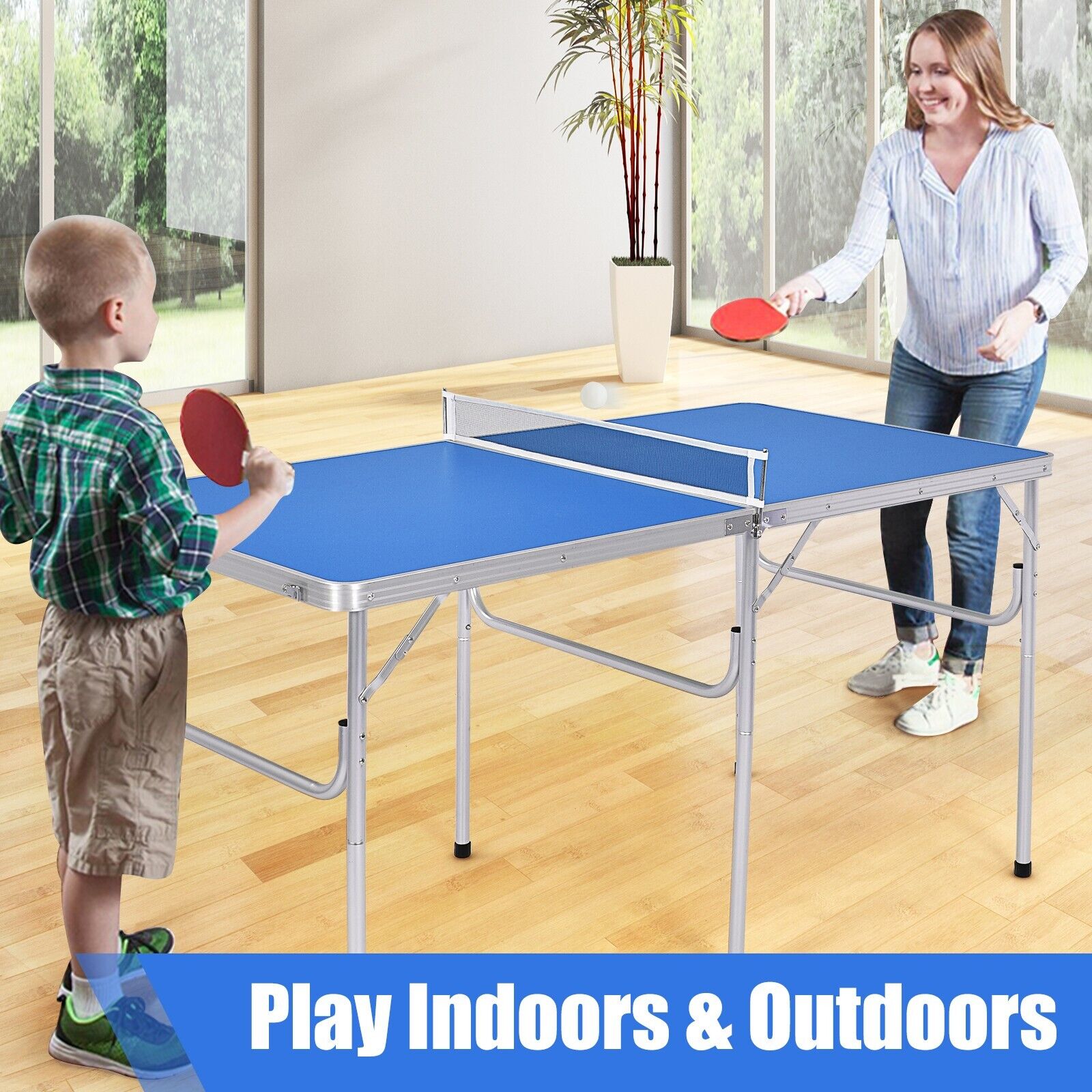 Portable Folding Table Tennis Table with 2 bats-Blue