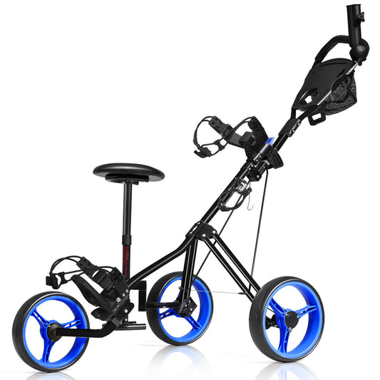 3 Wheel Golf Push Pull Cart with Detachable Stool-Blue