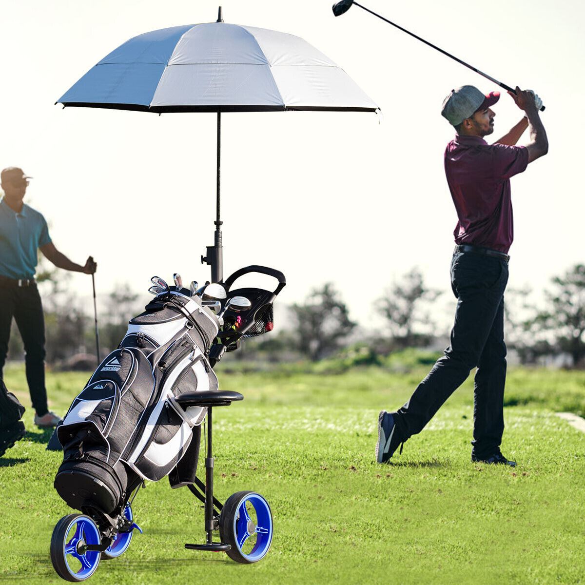 3 Wheel Golf Push Pull Cart with Detachable Stool-Blue