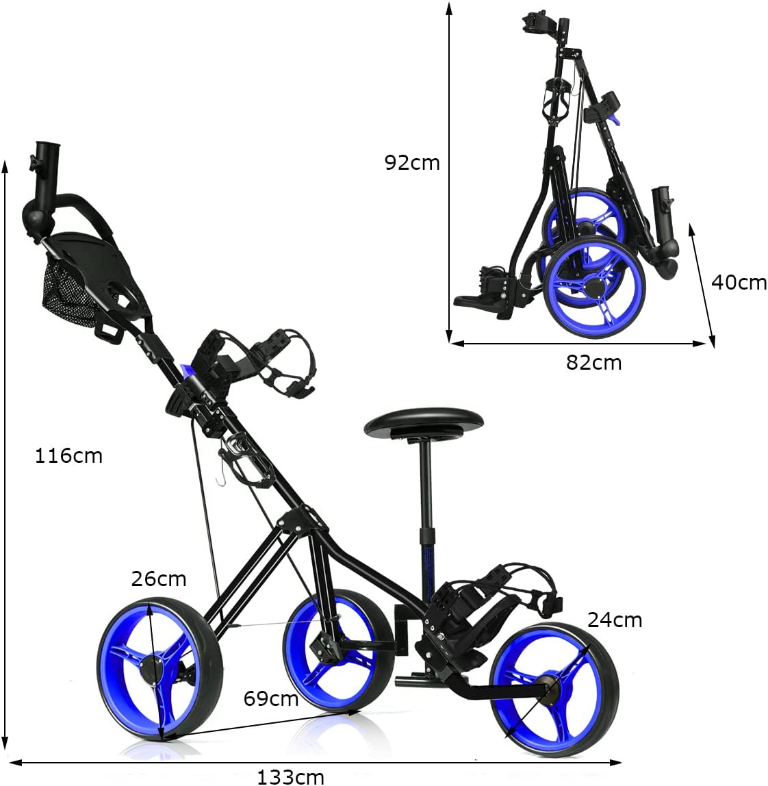 3 Wheel Golf Push Pull Cart with Detachable Stool-Blue
