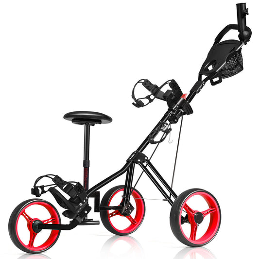 3 Wheel Golf Push Pull Cart with Detachable Stool-Red
