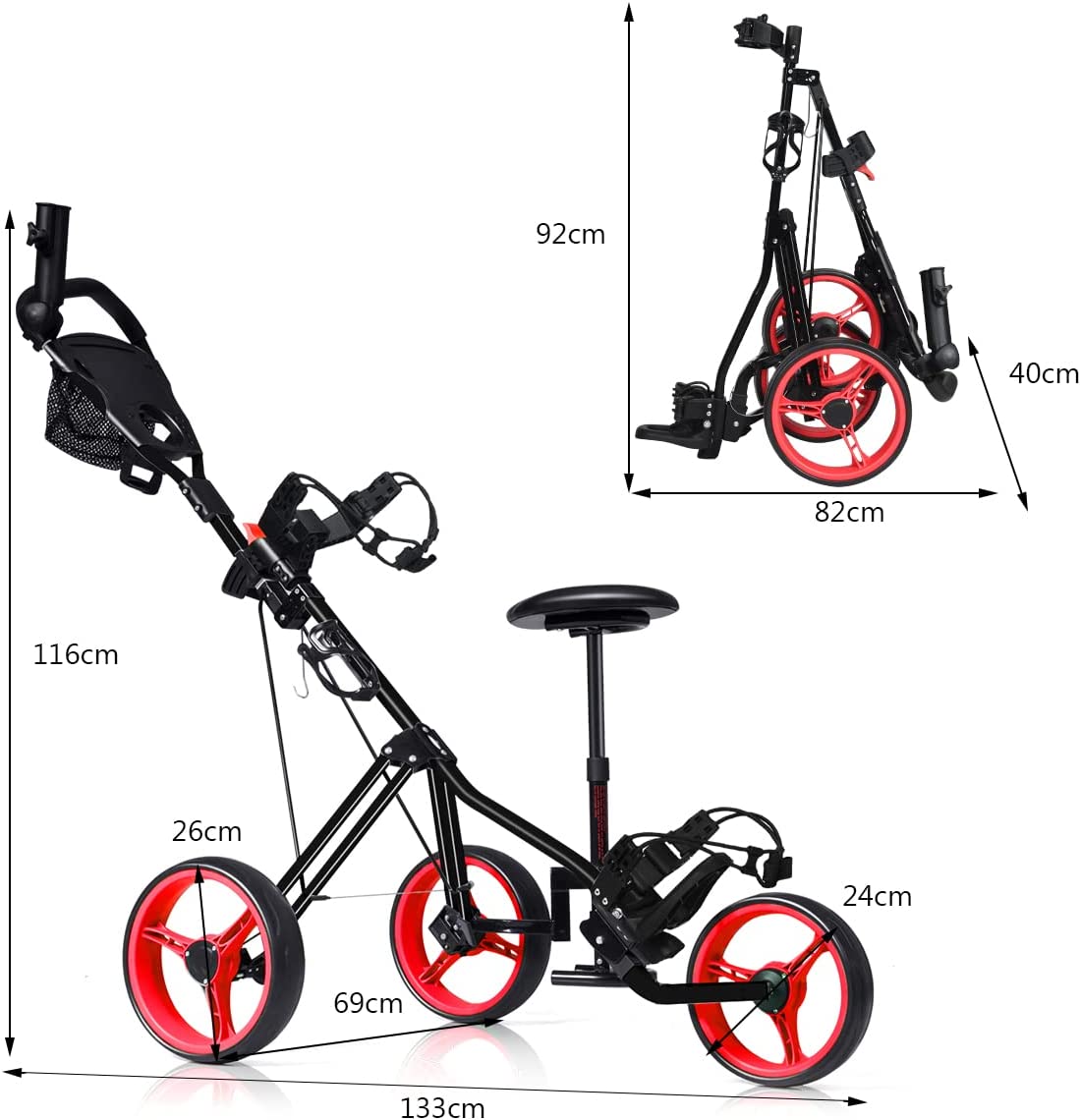 3 Wheel Golf Push Pull Cart with Detachable Stool-Red