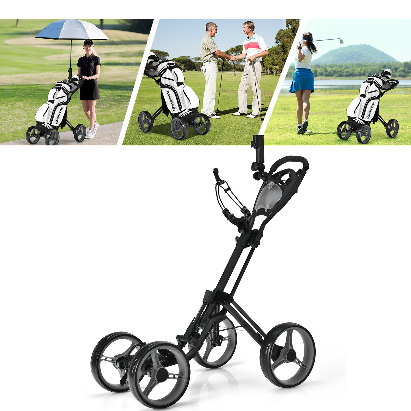 4-Wheel Golf Trolley with Umbrella Cup Holder and Foot Brake-Grey