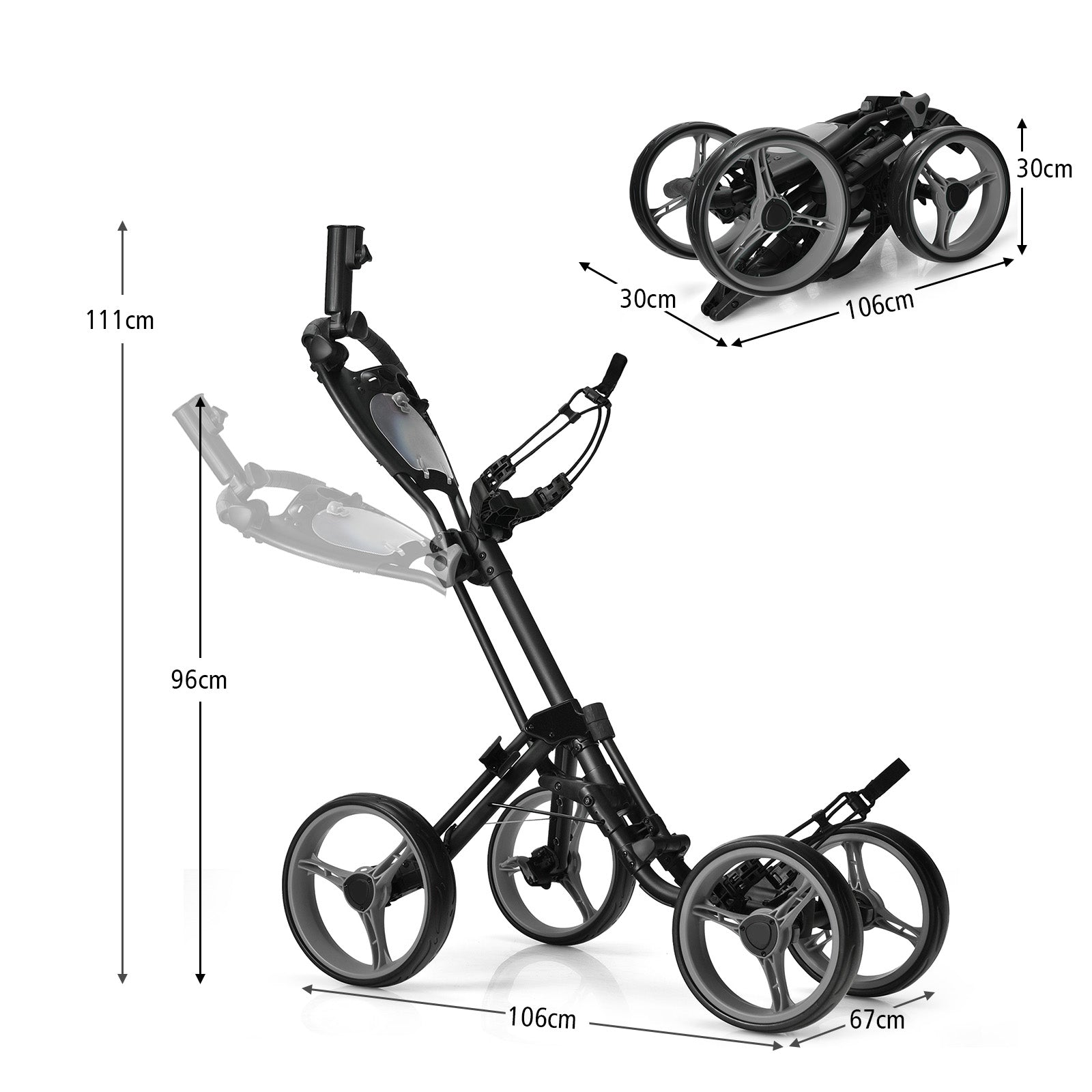 4-Wheel Golf Trolley with Umbrella Cup Holder and Foot Brake-Grey