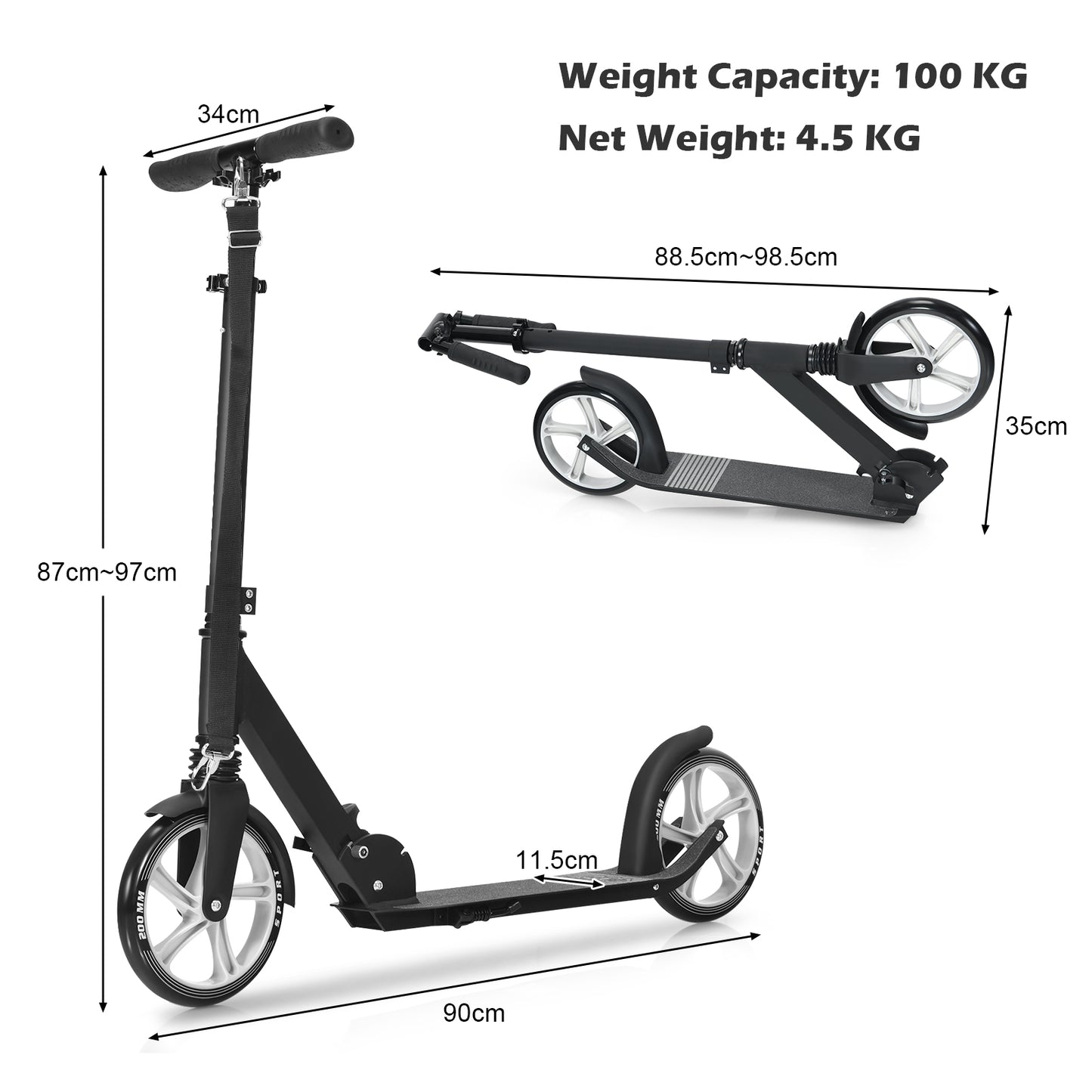Folding Scooters with 2-Level Adjustable Handlebar for Adults-Black